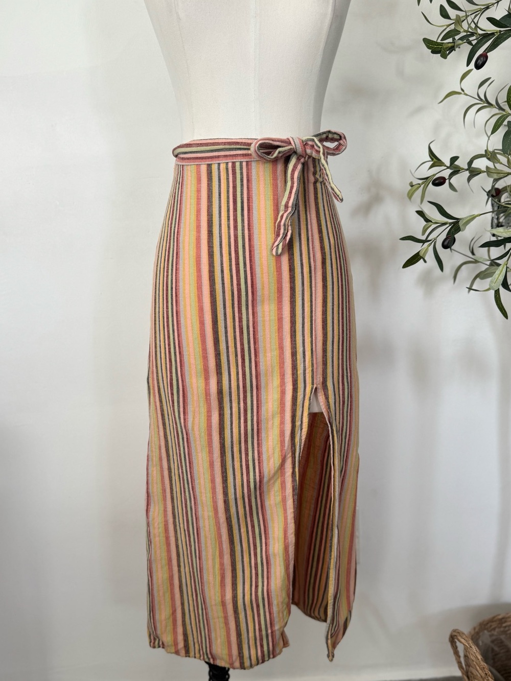 Urban Outfitters Striped Linen Blend Wrap Midi Skirt XS Boho